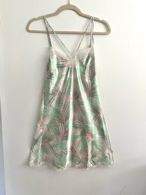 Victoria's Secret Tropical Palm Leaf Print Lace-Trim Chemise Slip Green & Pink